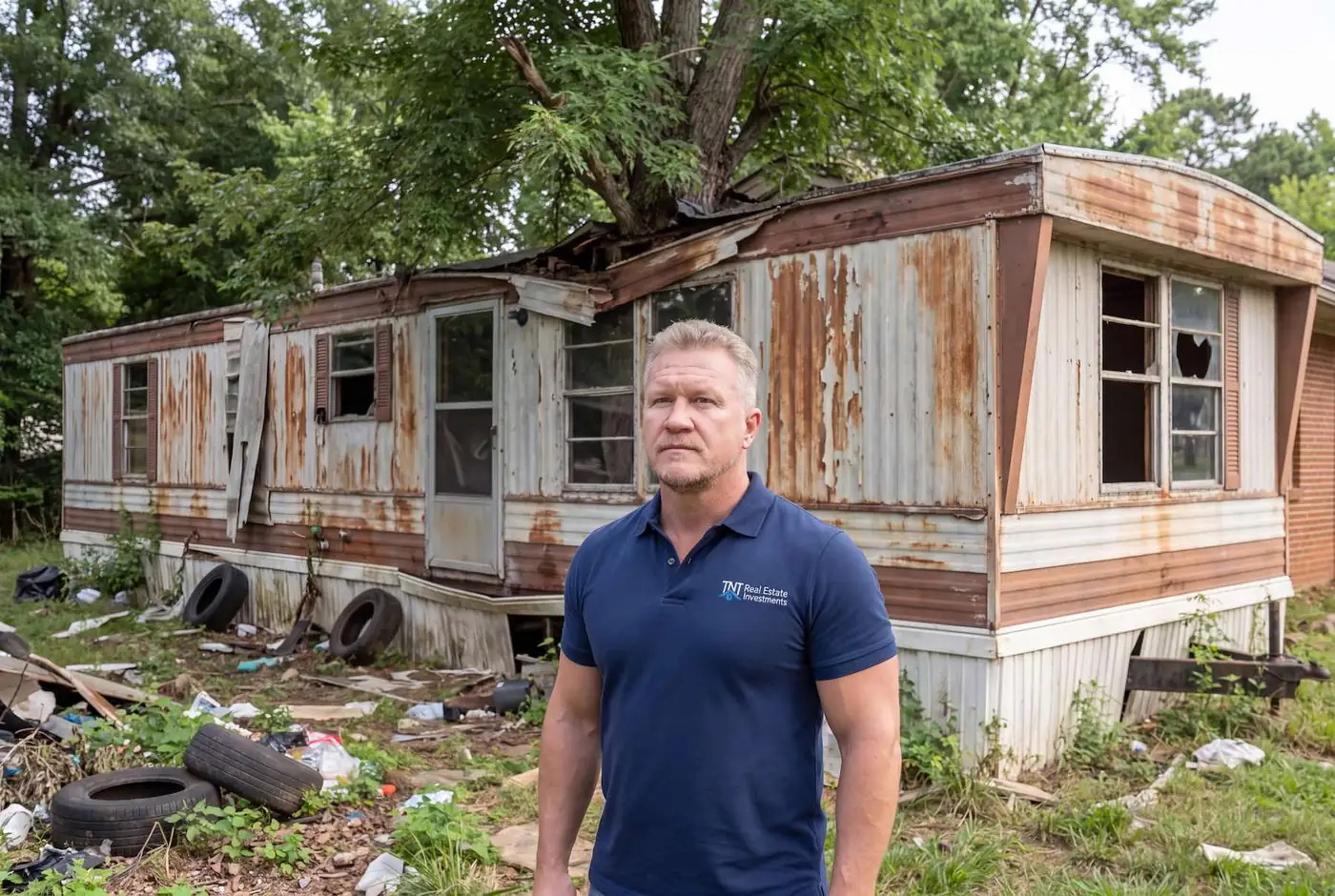 Kenny Thacker of TNT Real Estate Investments standing in front of a run-down singlewide mobile home in Northeast Tennessee